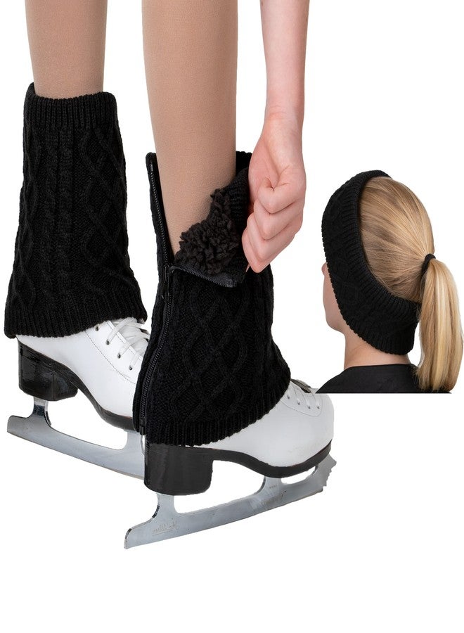 CRS Cross Leg Warmers and Headband Set for Figure Skating with Zipper. Fleece Lined Knit Keeps Legs Warm-Ice Skate Dance (1, Black-Short) - Image 1